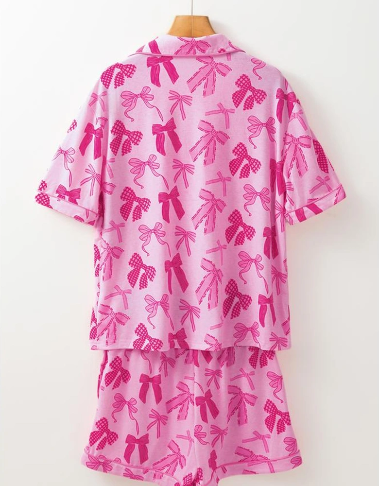 Pink Bow Print Half Sleeve Shirt and Shorts Pajamas Set