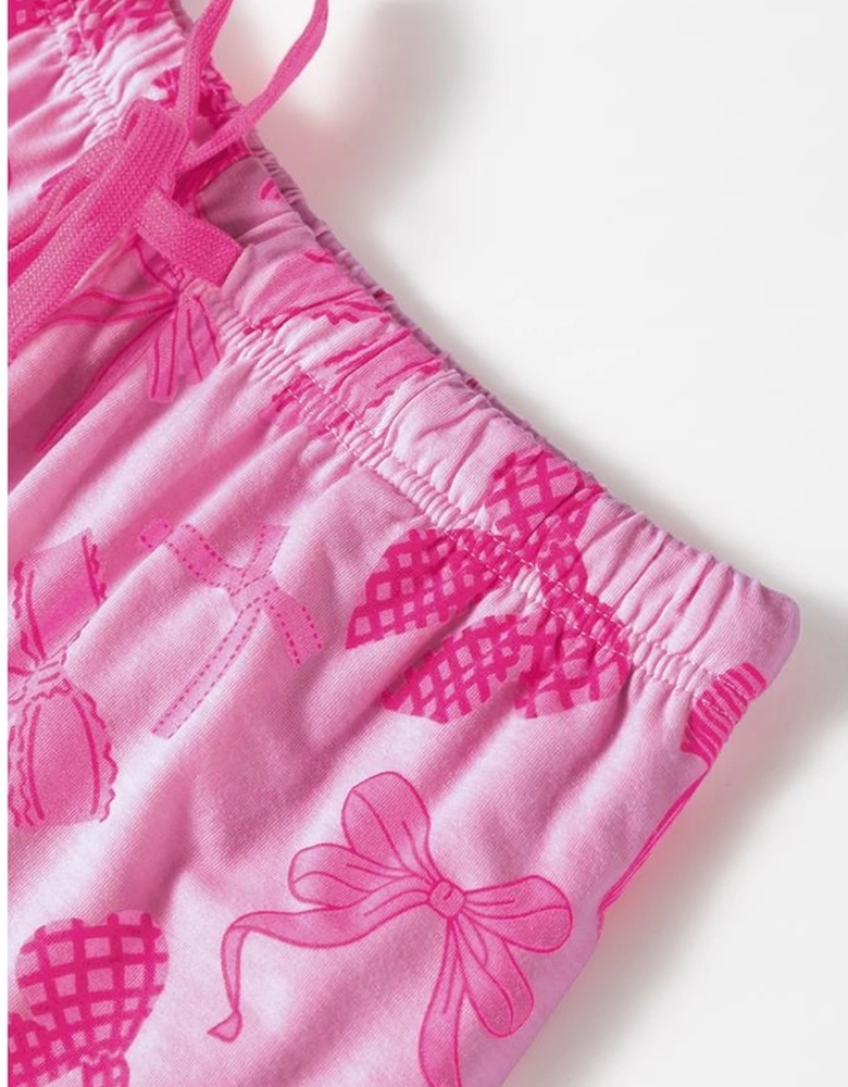 Pink Bow Print Half Sleeve Shirt and Shorts Pajamas Set