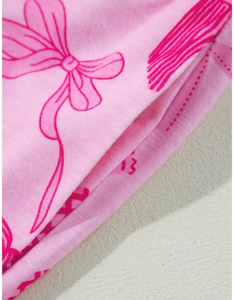 Pink Bow Print Half Sleeve Shirt and Shorts Pajamas Set
