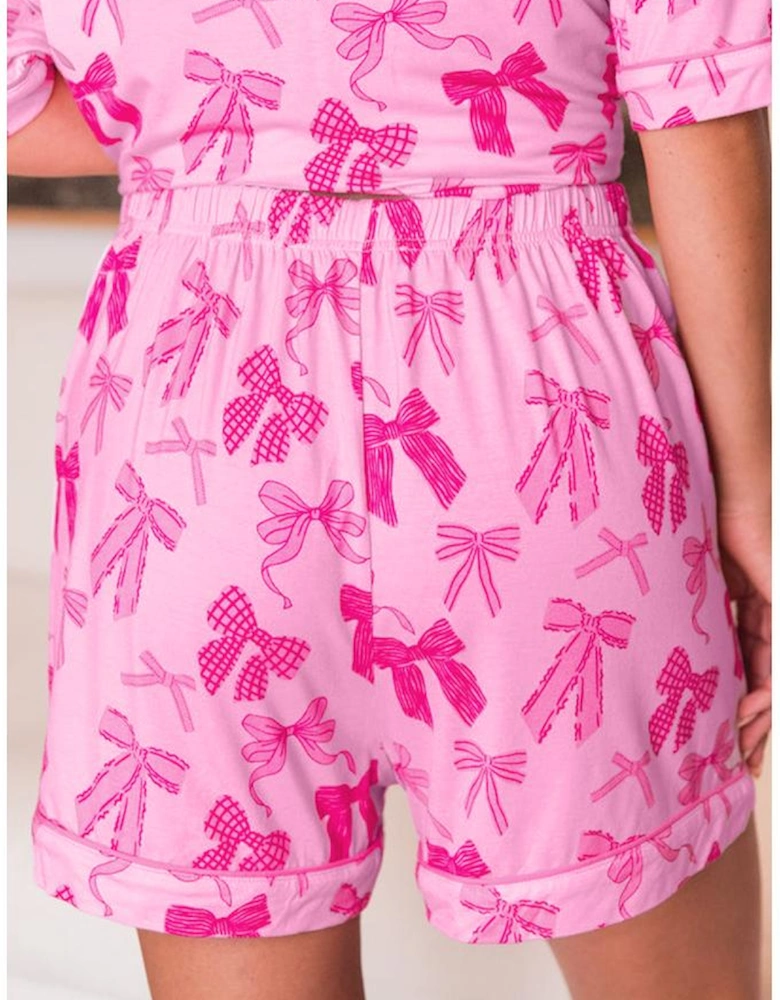 Pink Bow Print Half Sleeve Shirt and Shorts Pajamas Set
