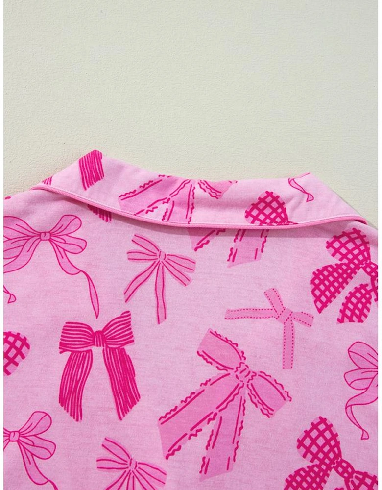 Pink Bow Print Half Sleeve Shirt and Shorts Pajamas Set