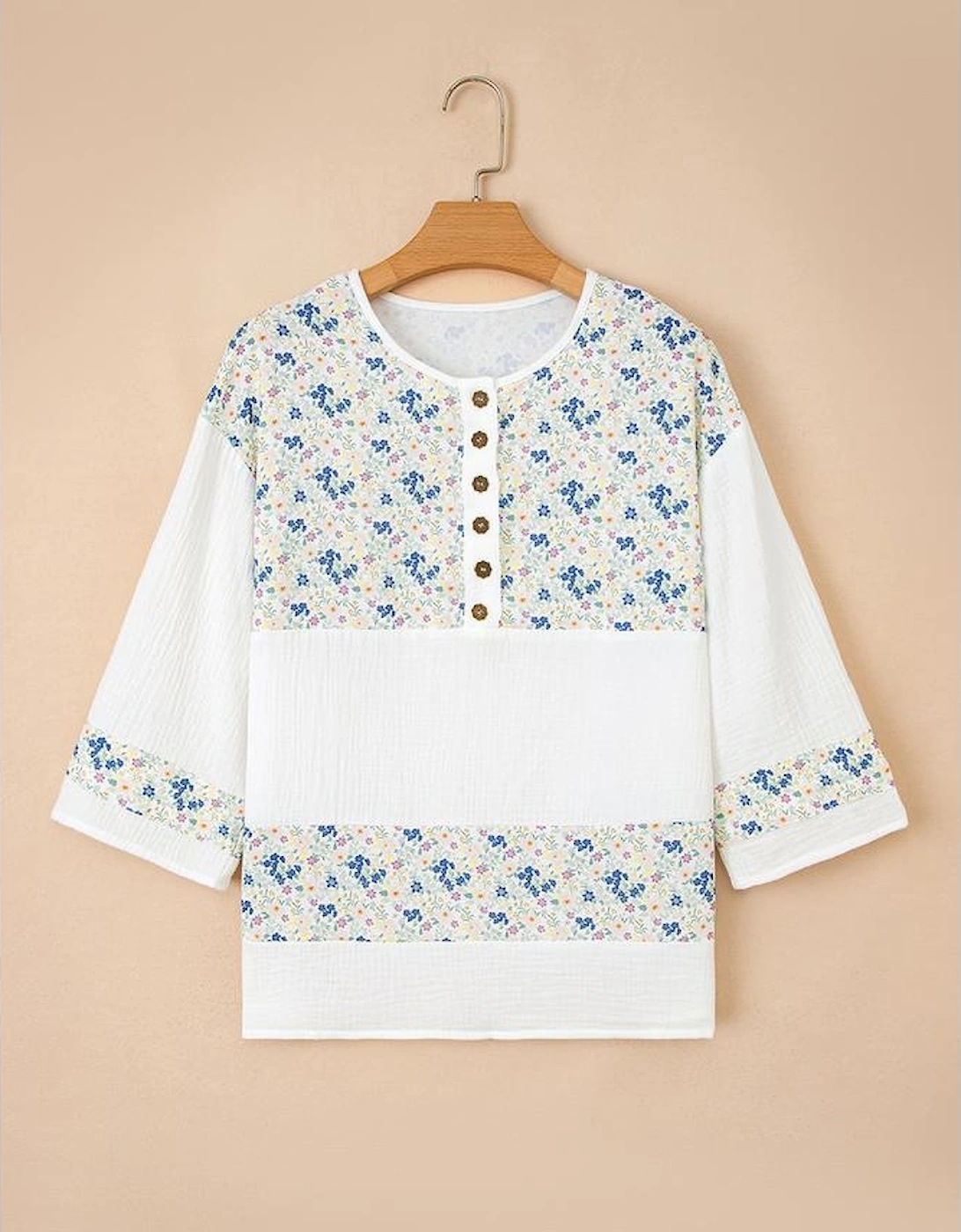 Sky Blue Floral Print Gauze Patchwork Henley Button 3/4 Sleeve Blouse