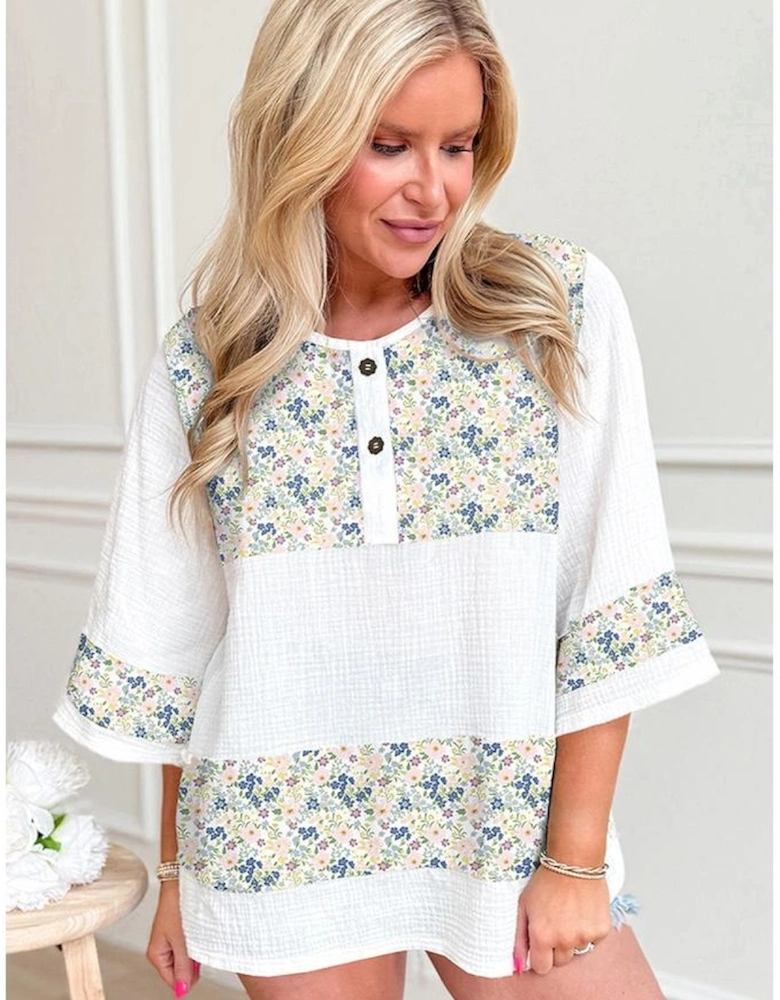 Sky Blue Floral Print Gauze Patchwork Henley Button 3/4 Sleeve Blouse