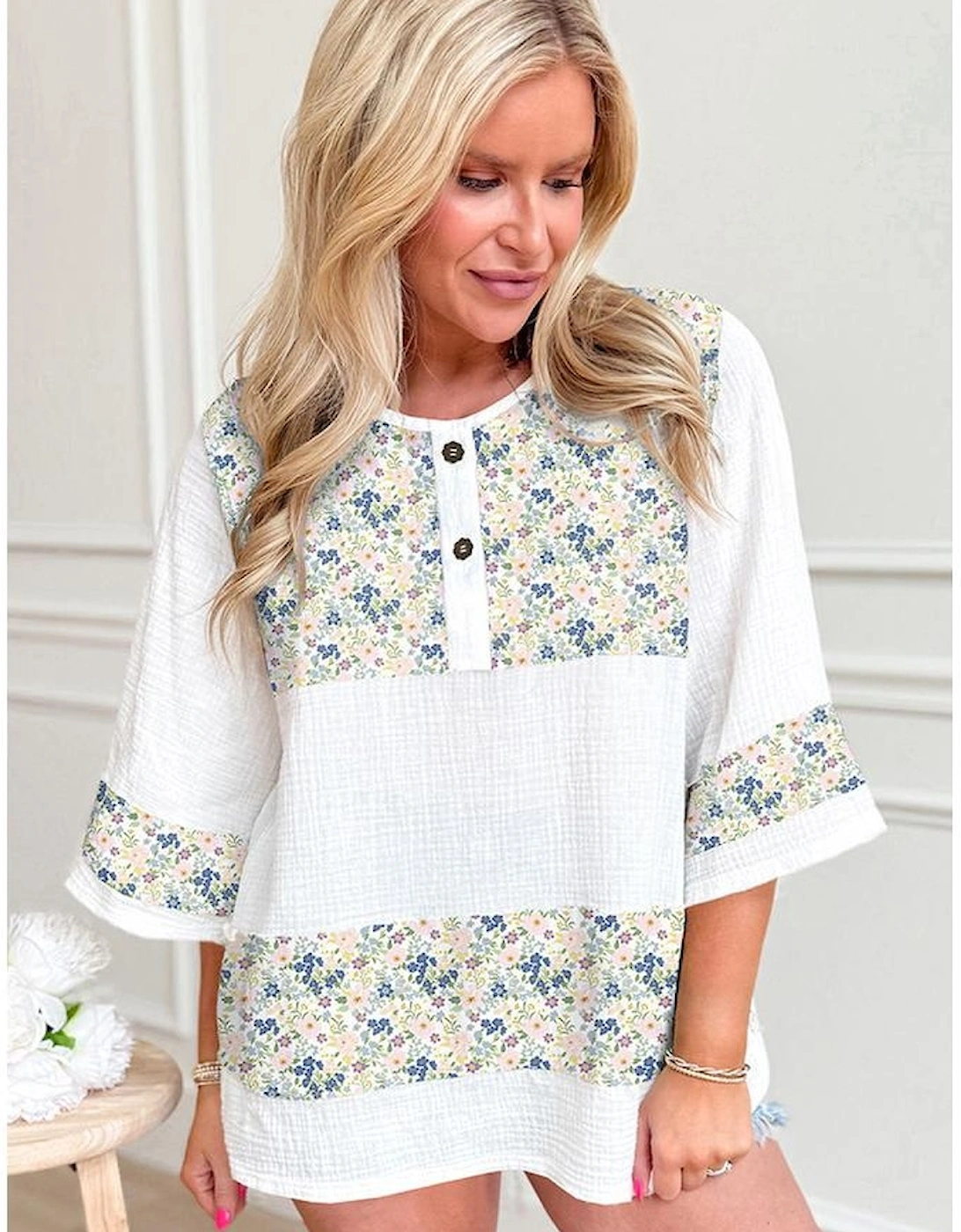 Sky Blue Floral Print Gauze Patchwork Henley Button 3/4 Sleeve Blouse