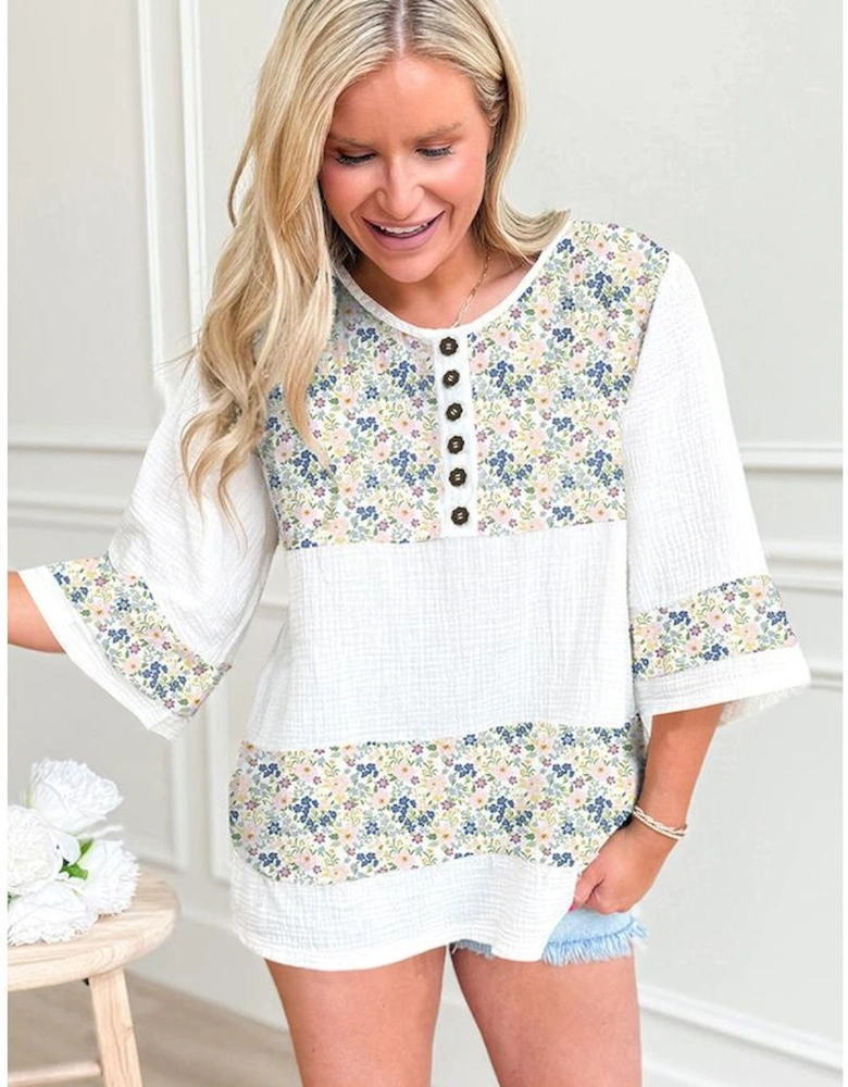 Sky Blue Floral Print Gauze Patchwork Henley Button 3/4 Sleeve Blouse