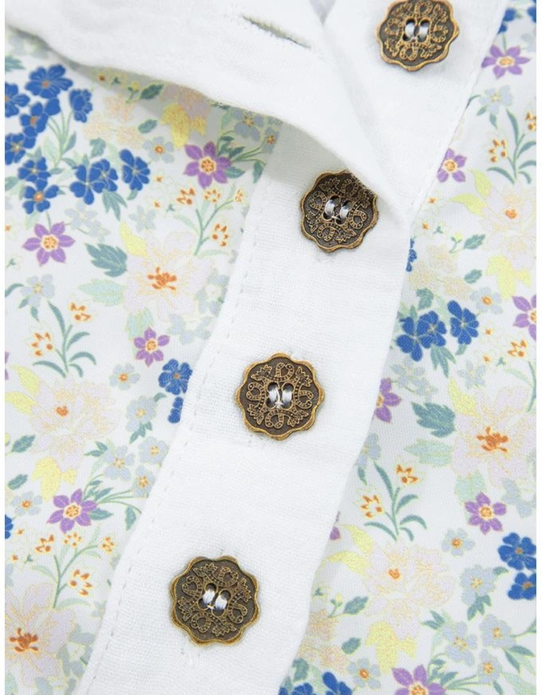 Sky Blue Floral Print Gauze Patchwork Henley Button 3/4 Sleeve Blouse