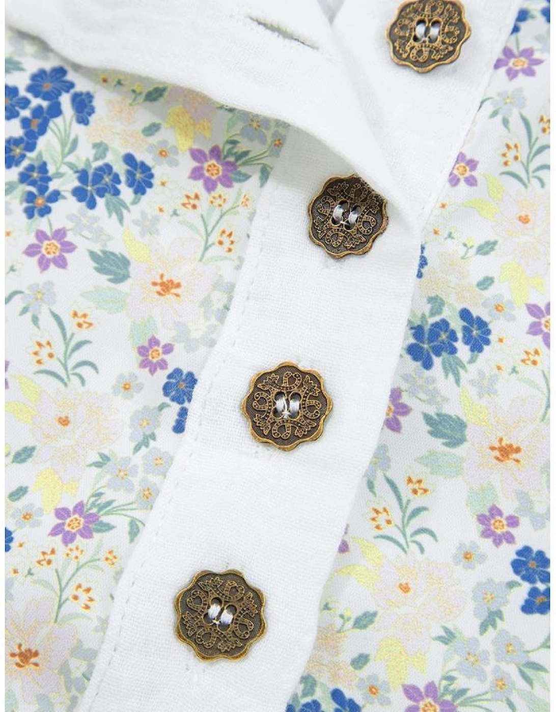 Sky Blue Floral Print Gauze Patchwork Henley Button 3/4 Sleeve Blouse