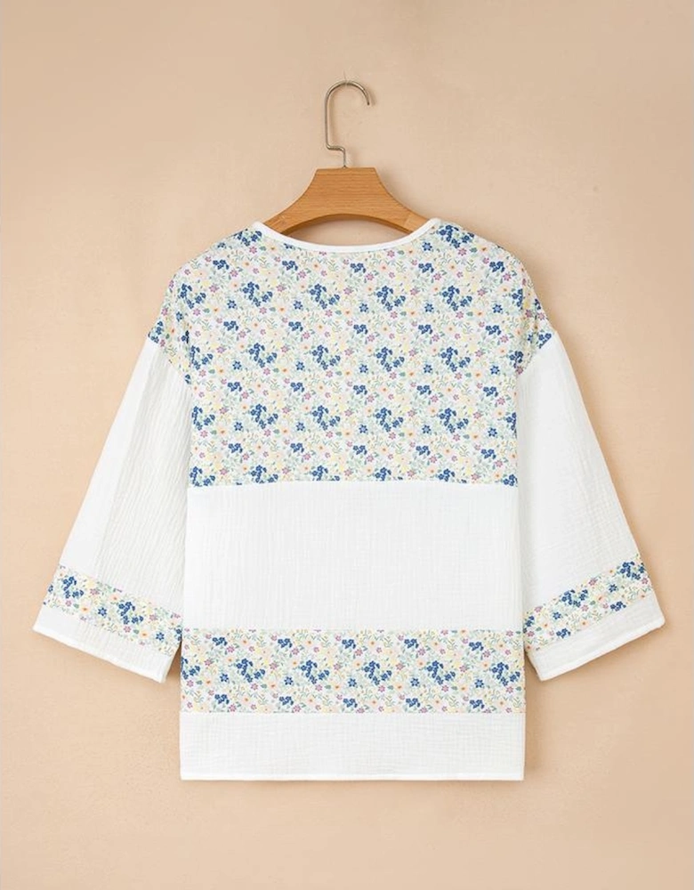 Sky Blue Floral Print Gauze Patchwork Henley Button 3/4 Sleeve Blouse