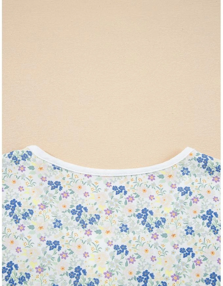 Sky Blue Floral Print Gauze Patchwork Henley Button 3/4 Sleeve Blouse