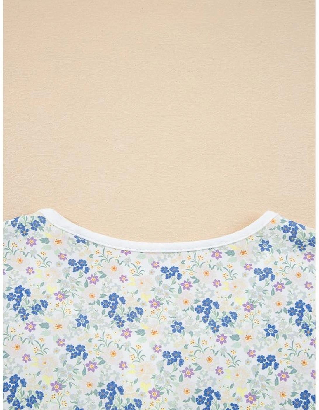 Sky Blue Floral Print Gauze Patchwork Henley Button 3/4 Sleeve Blouse