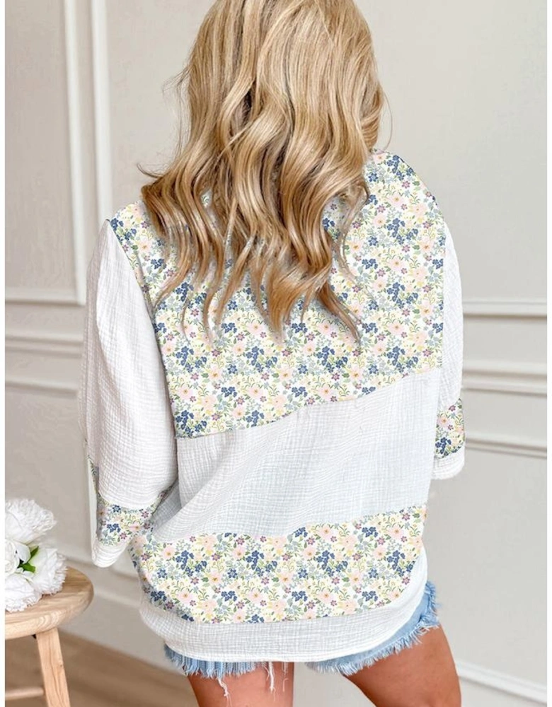 Sky Blue Floral Print Gauze Patchwork Henley Button 3/4 Sleeve Blouse