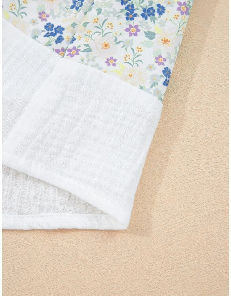 Sky Blue Floral Print Gauze Patchwork Henley Button 3/4 Sleeve Blouse