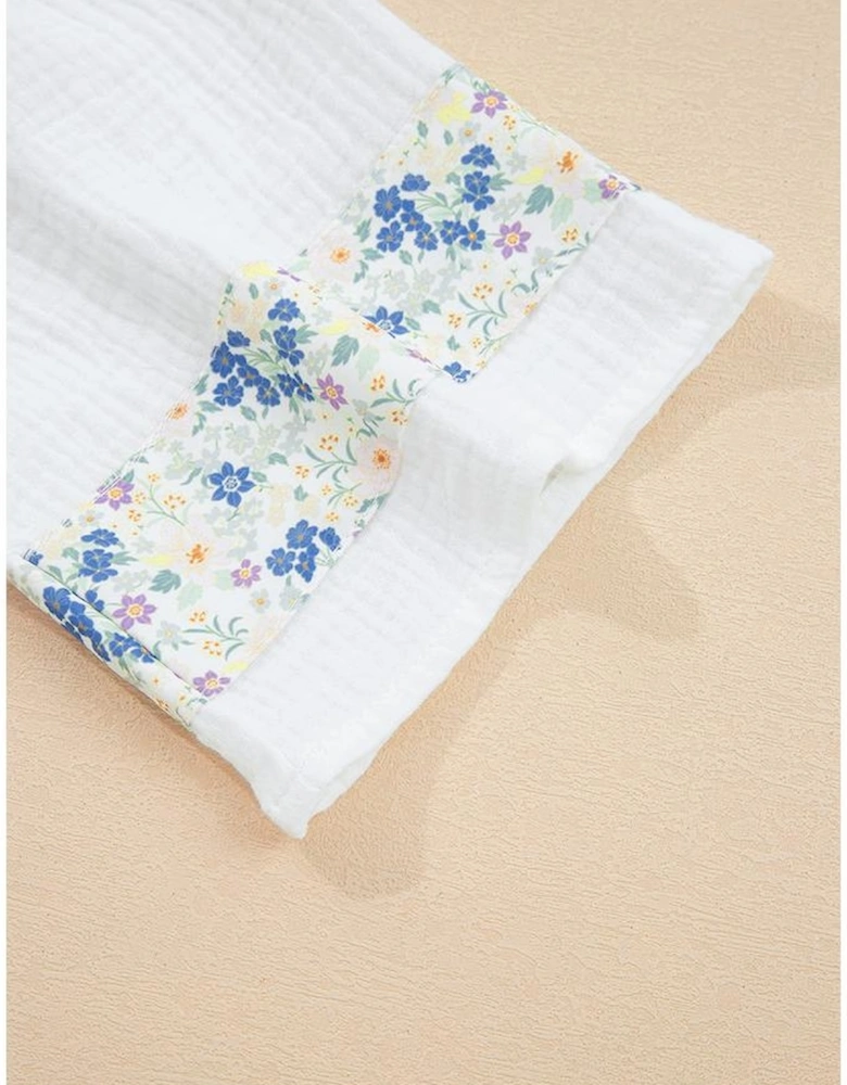 Sky Blue Floral Print Gauze Patchwork Henley Button 3/4 Sleeve Blouse