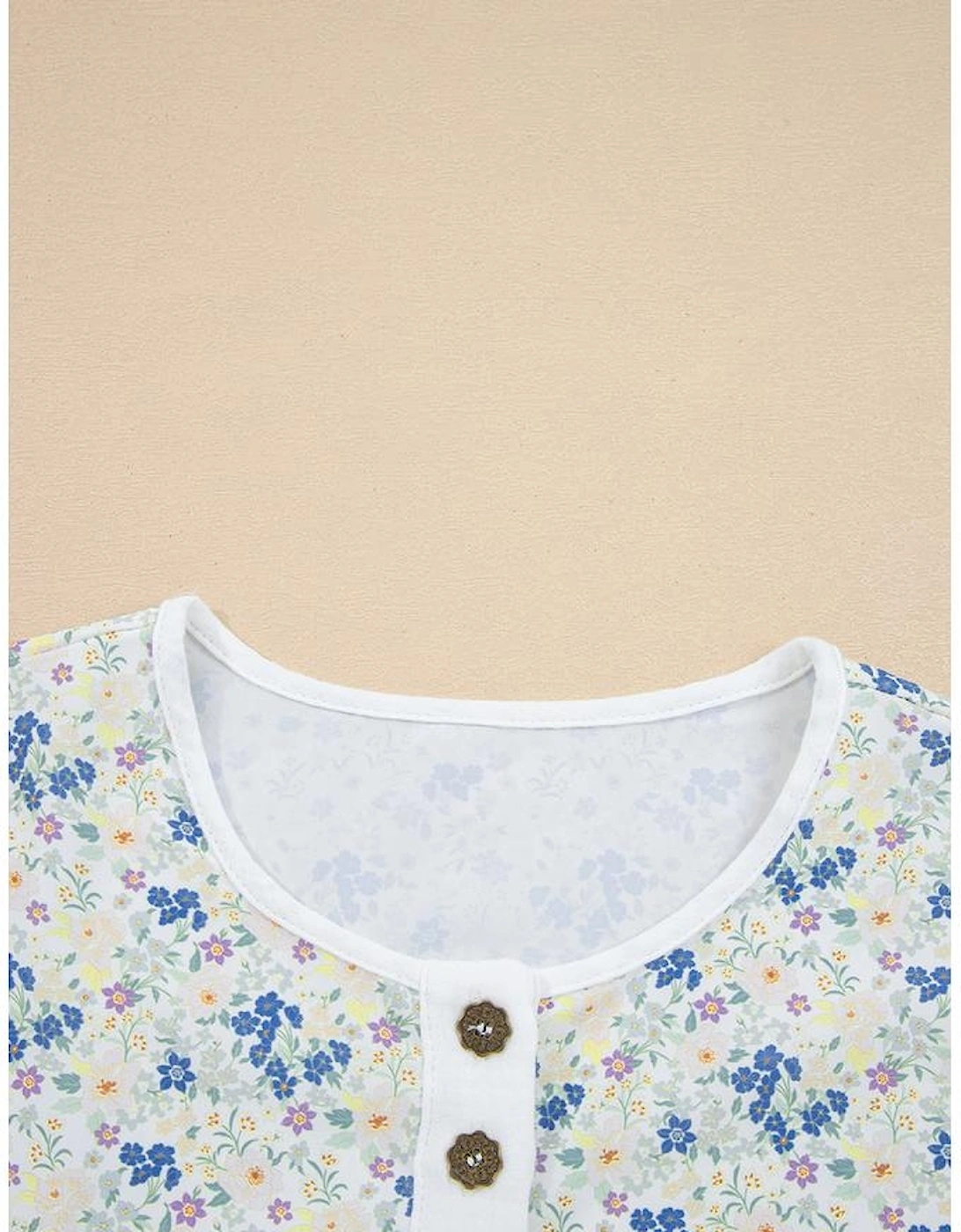 Sky Blue Floral Print Gauze Patchwork Henley Button 3/4 Sleeve Blouse