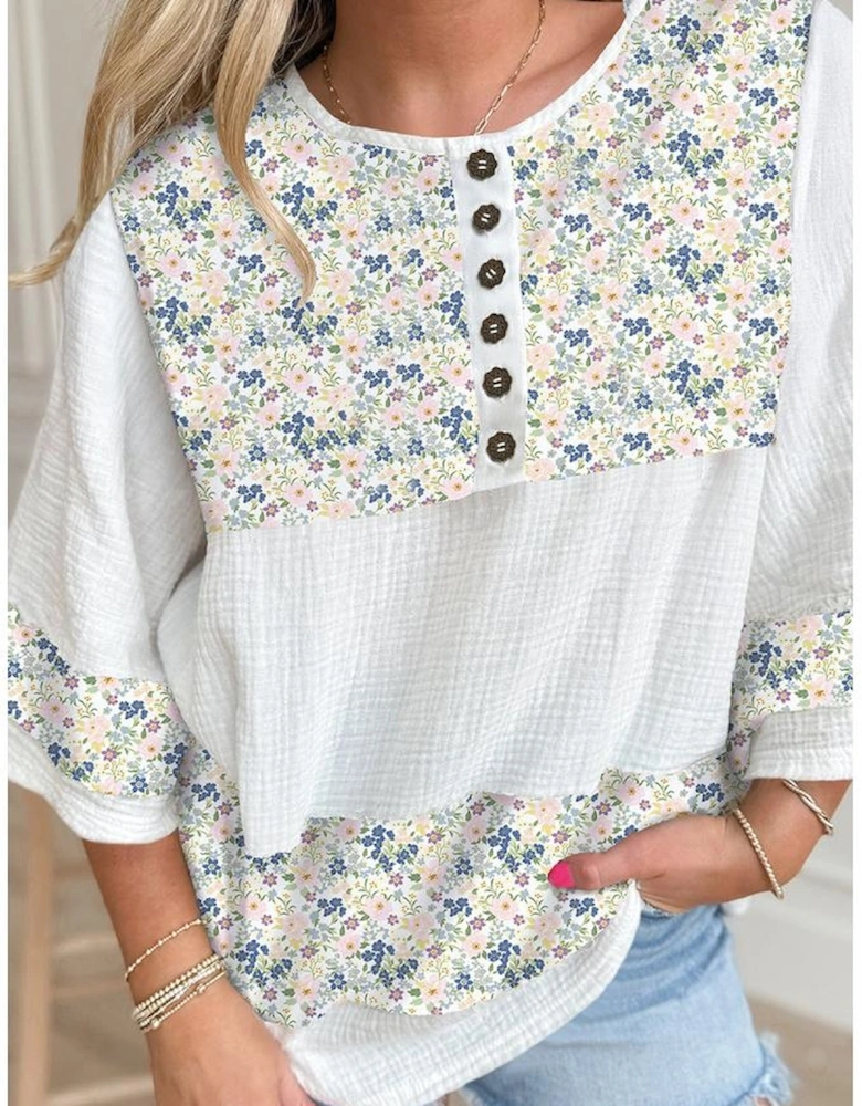 Sky Blue Floral Print Gauze Patchwork Henley Button 3/4 Sleeve Blouse