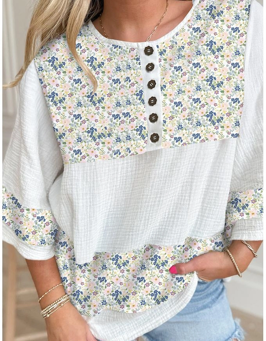 Sky Blue Floral Print Gauze Patchwork Henley Button 3/4 Sleeve Blouse