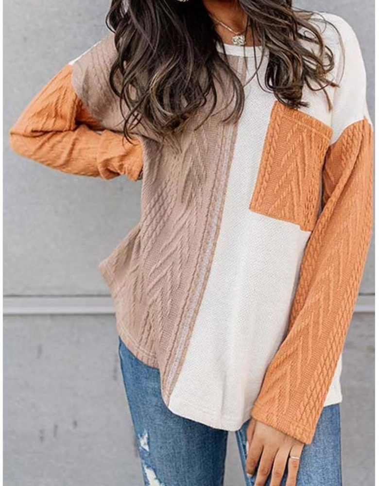 Orange Long Sleeve Colorblock Chest Pocket Textured Knit Top