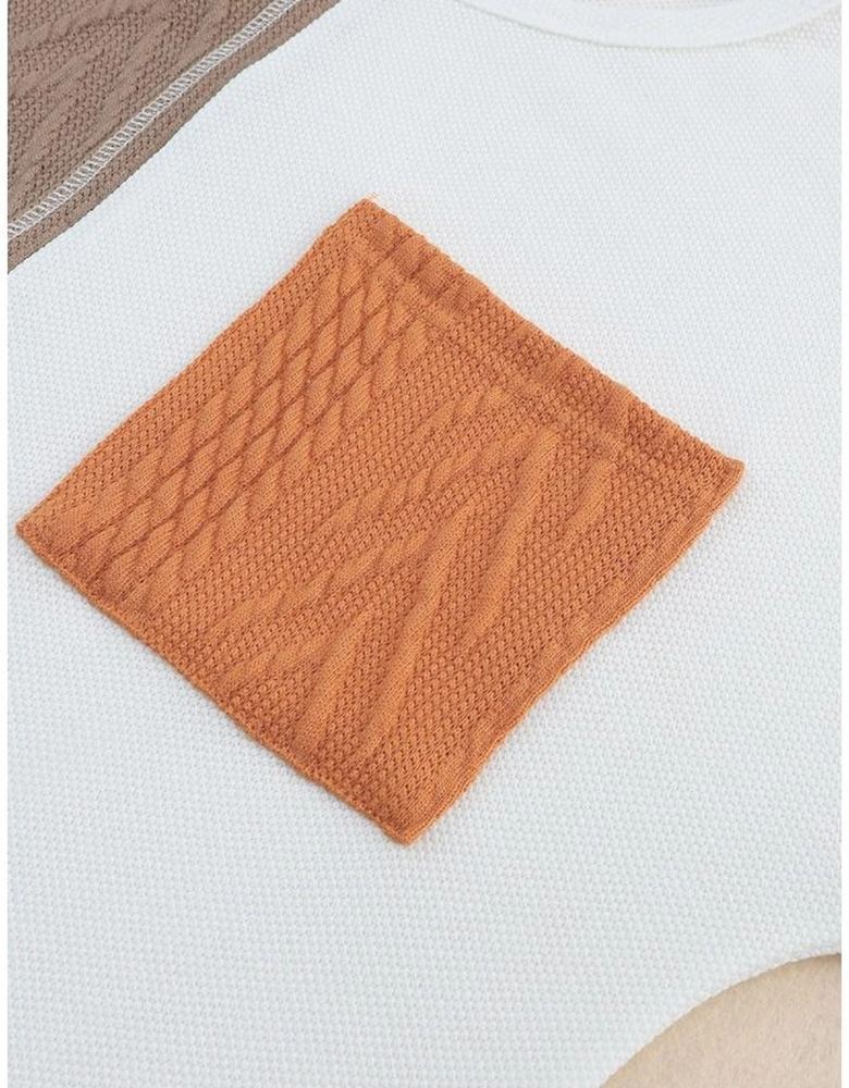 Orange Long Sleeve Colorblock Chest Pocket Textured Knit Top