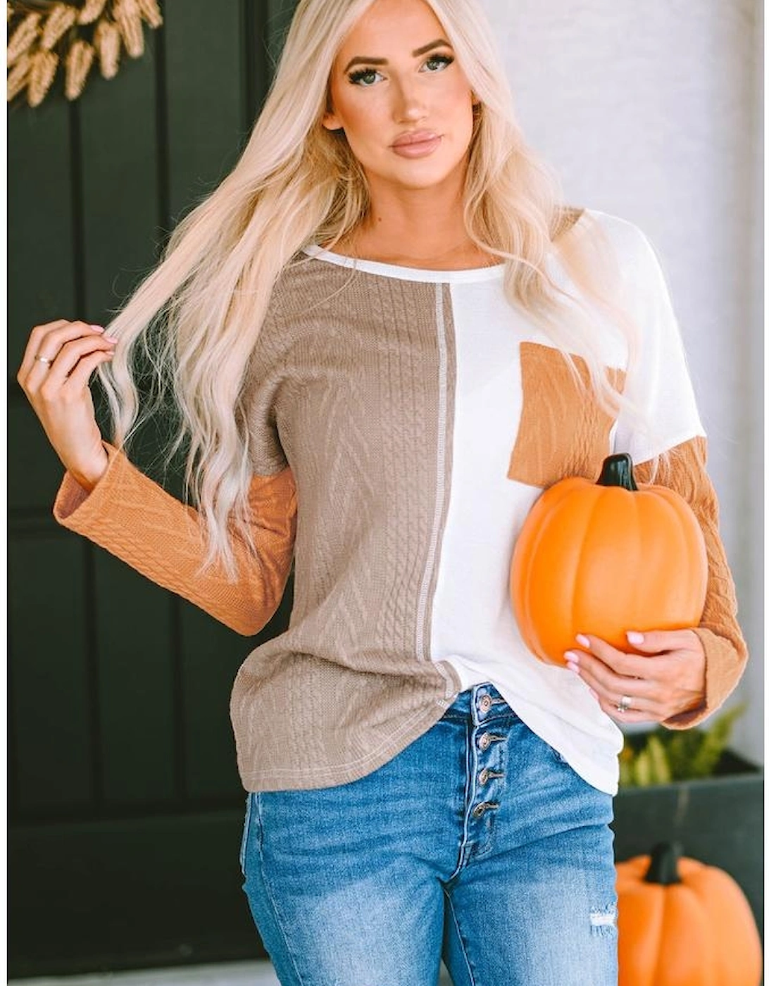 Orange Long Sleeve Colorblock Chest Pocket Textured Knit Top