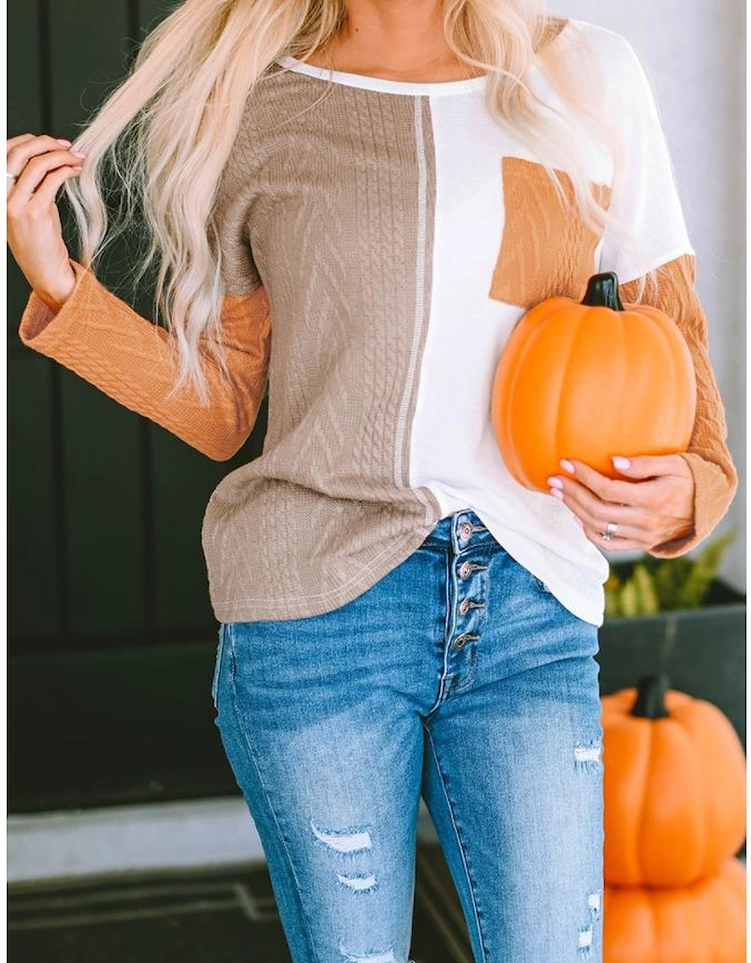 Orange Long Sleeve Colorblock Chest Pocket Textured Knit Top