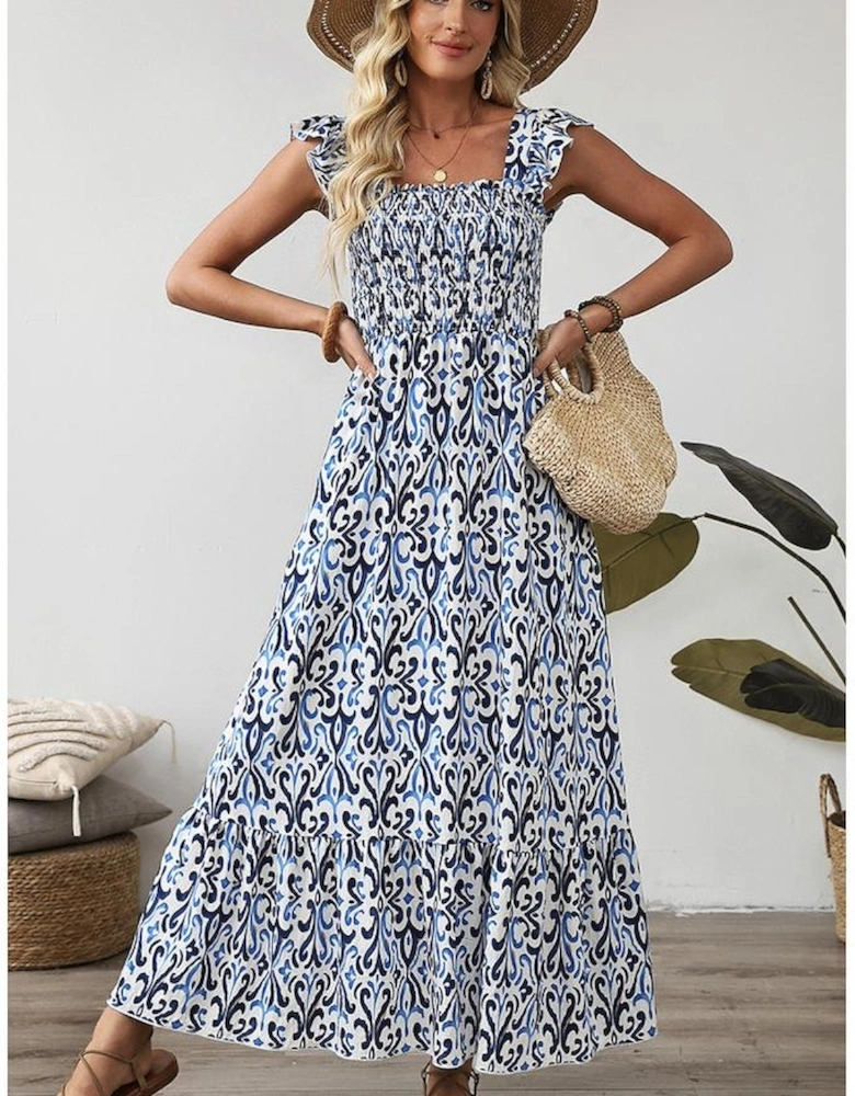 Sky Blue Boho Print Smocked High Waist Maxi Dress