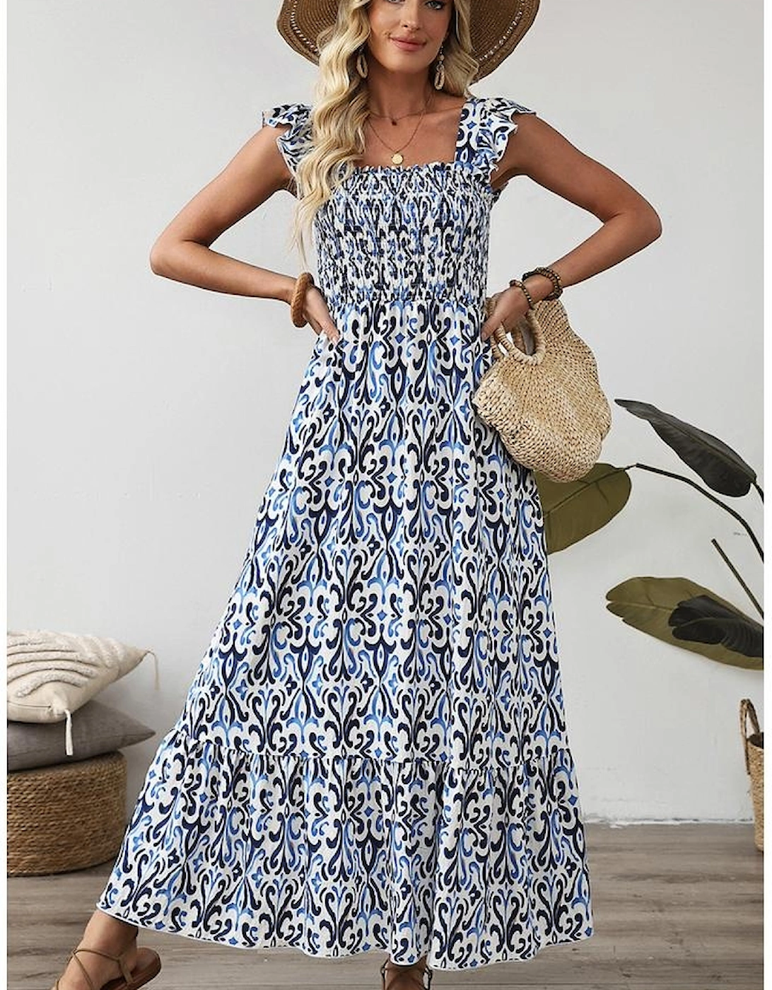 Sky Blue Boho Print Smocked High Waist Maxi Dress
