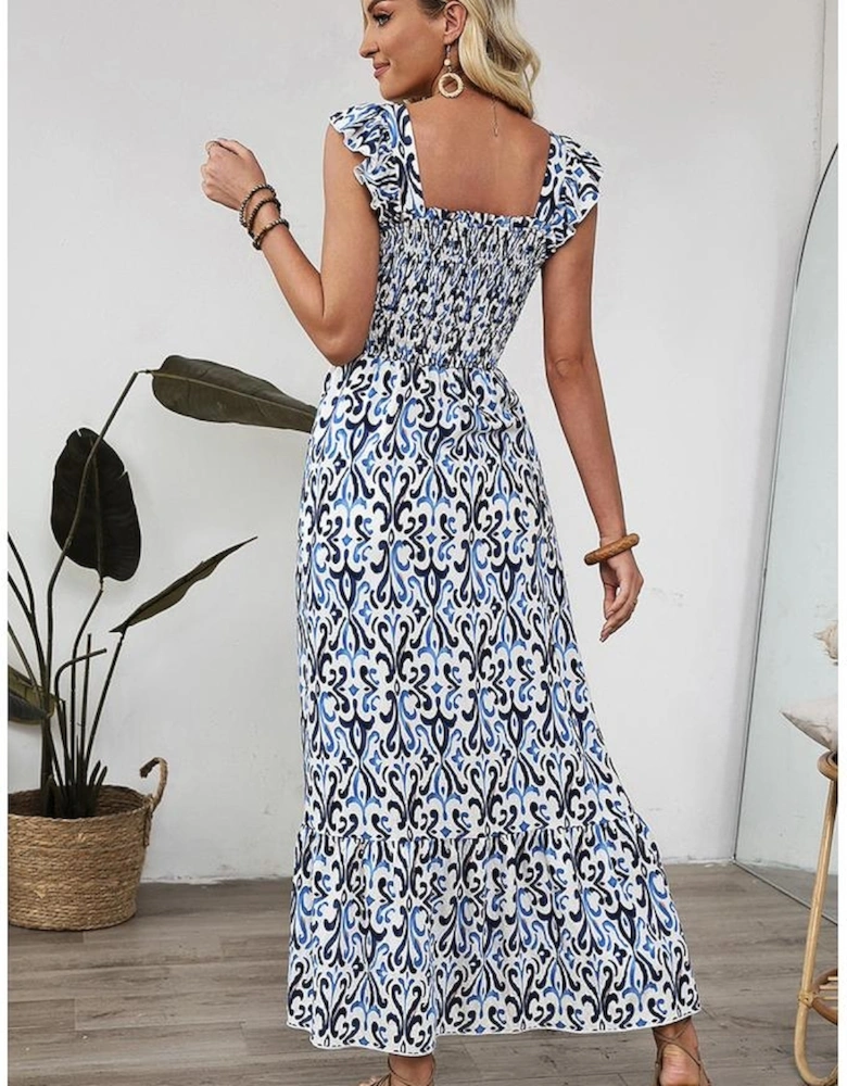Sky Blue Boho Print Smocked High Waist Maxi Dress