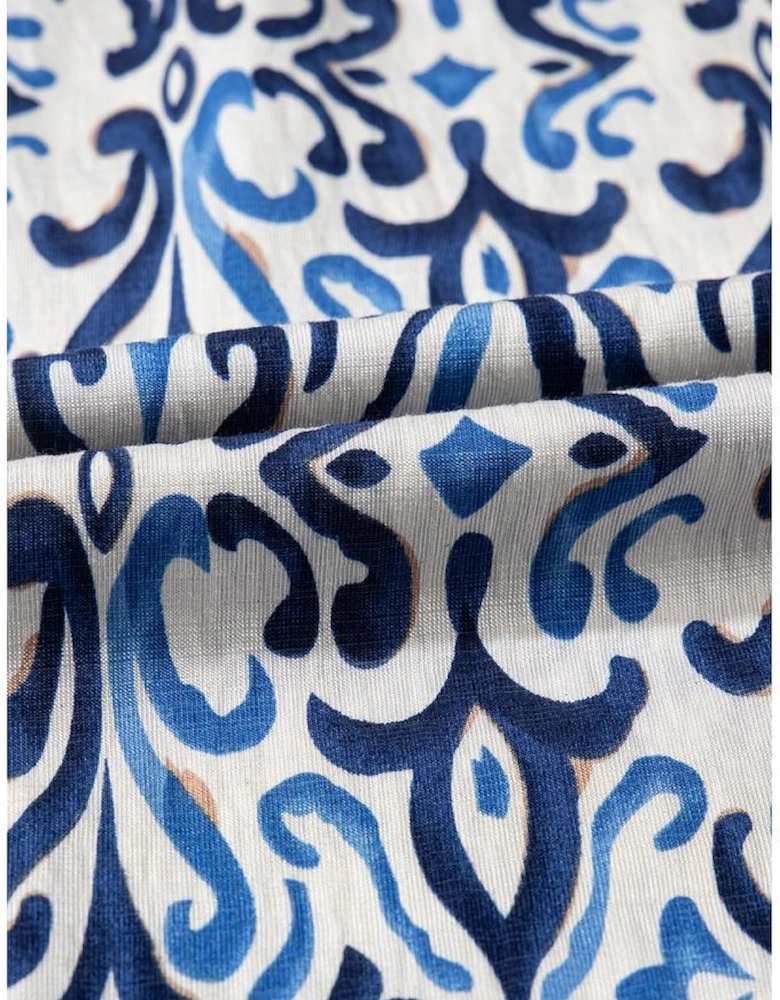 Sky Blue Boho Print Smocked High Waist Maxi Dress