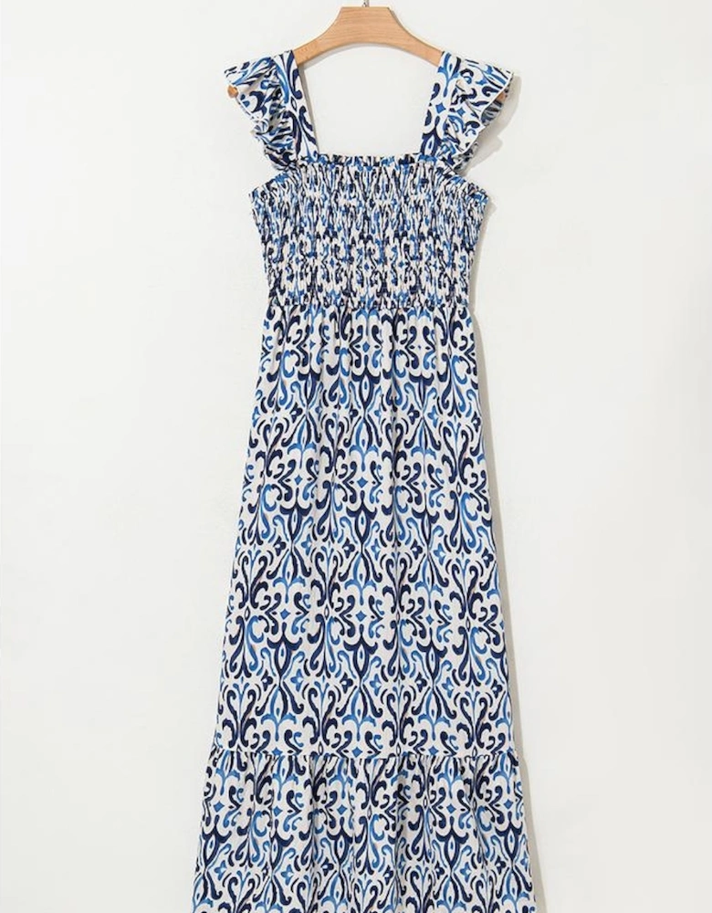 Sky Blue Boho Print Smocked High Waist Maxi Dress