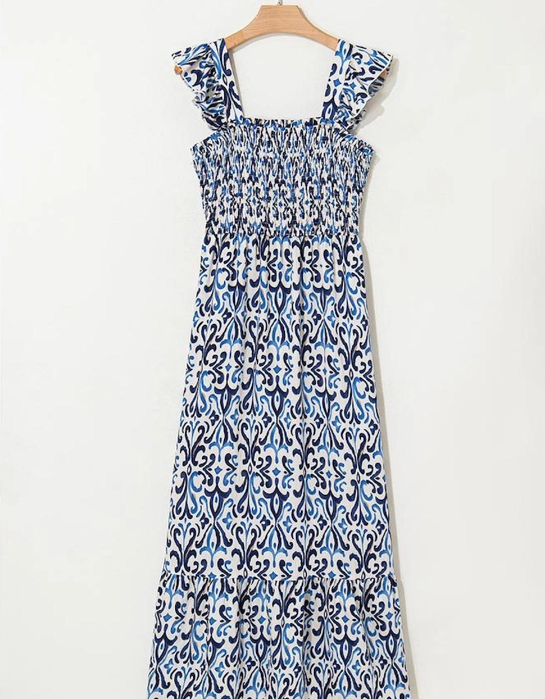 Sky Blue Boho Print Smocked High Waist Maxi Dress