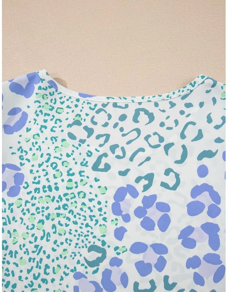 Sky Blue Leopard Layered Ruffle Short Sleeve Casual Blouse