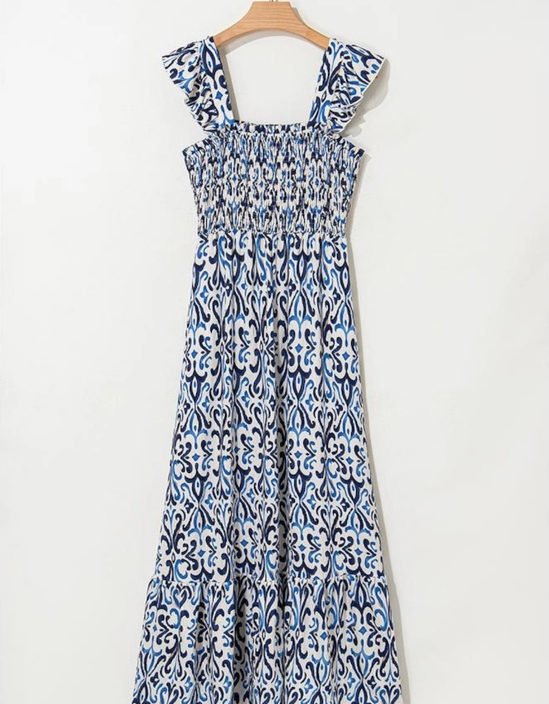 Sky Blue Boho Print Smocked High Waist Maxi Dress