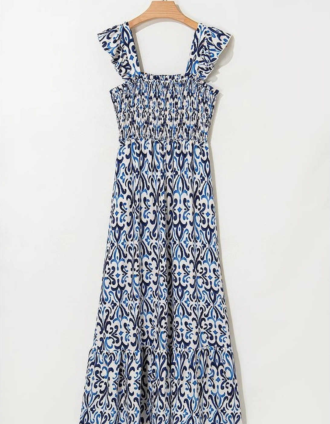 Sky Blue Boho Print Smocked High Waist Maxi Dress