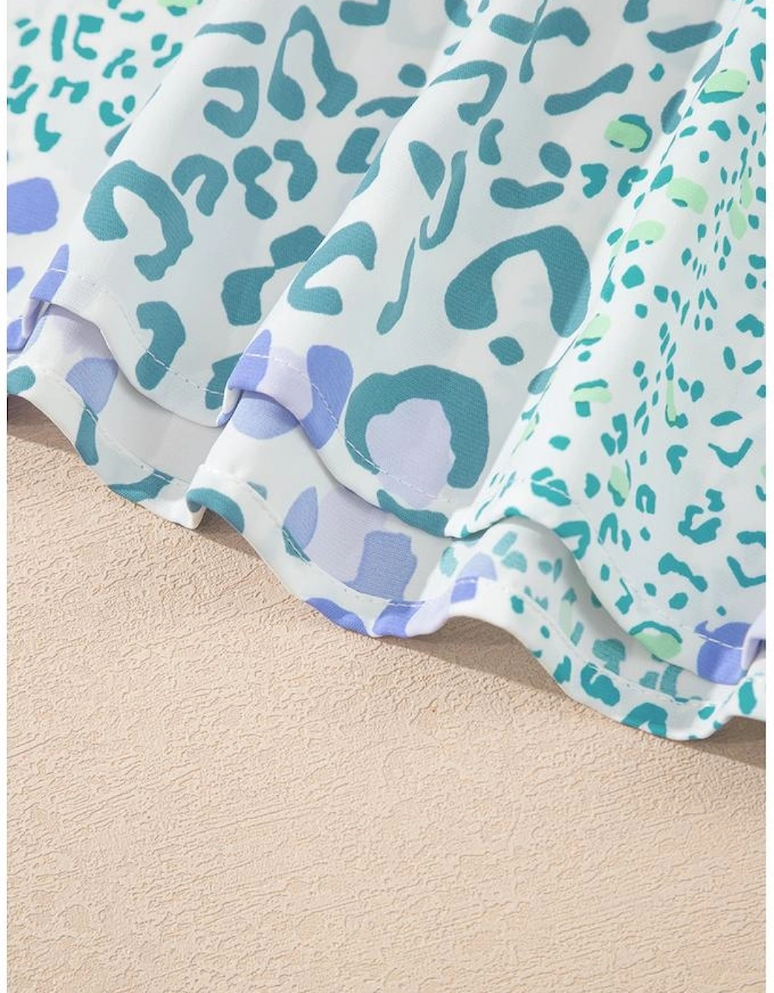 Sky Blue Leopard Layered Ruffle Short Sleeve Casual Blouse