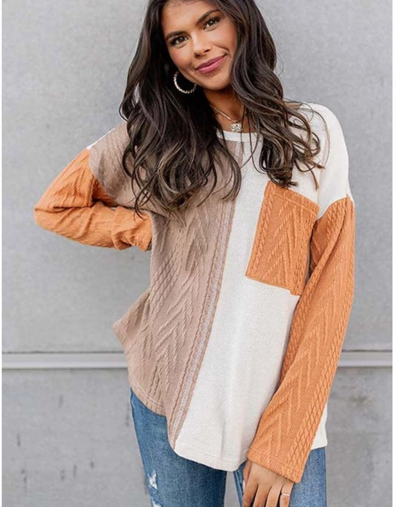 Orange Long Sleeve Colorblock Chest Pocket Textured Knit Top