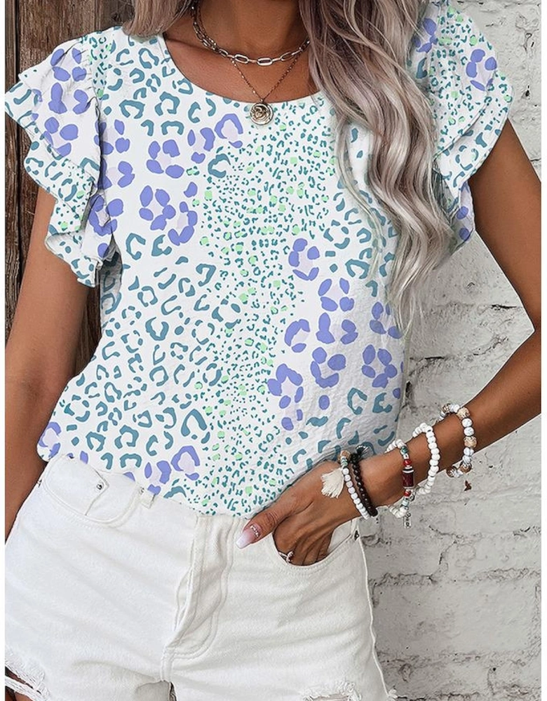 Sky Blue Leopard Layered Ruffle Short Sleeve Casual Blouse