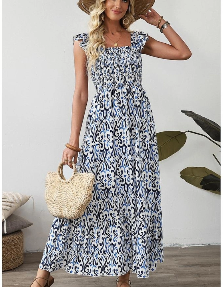 Sky Blue Boho Print Smocked High Waist Maxi Dress