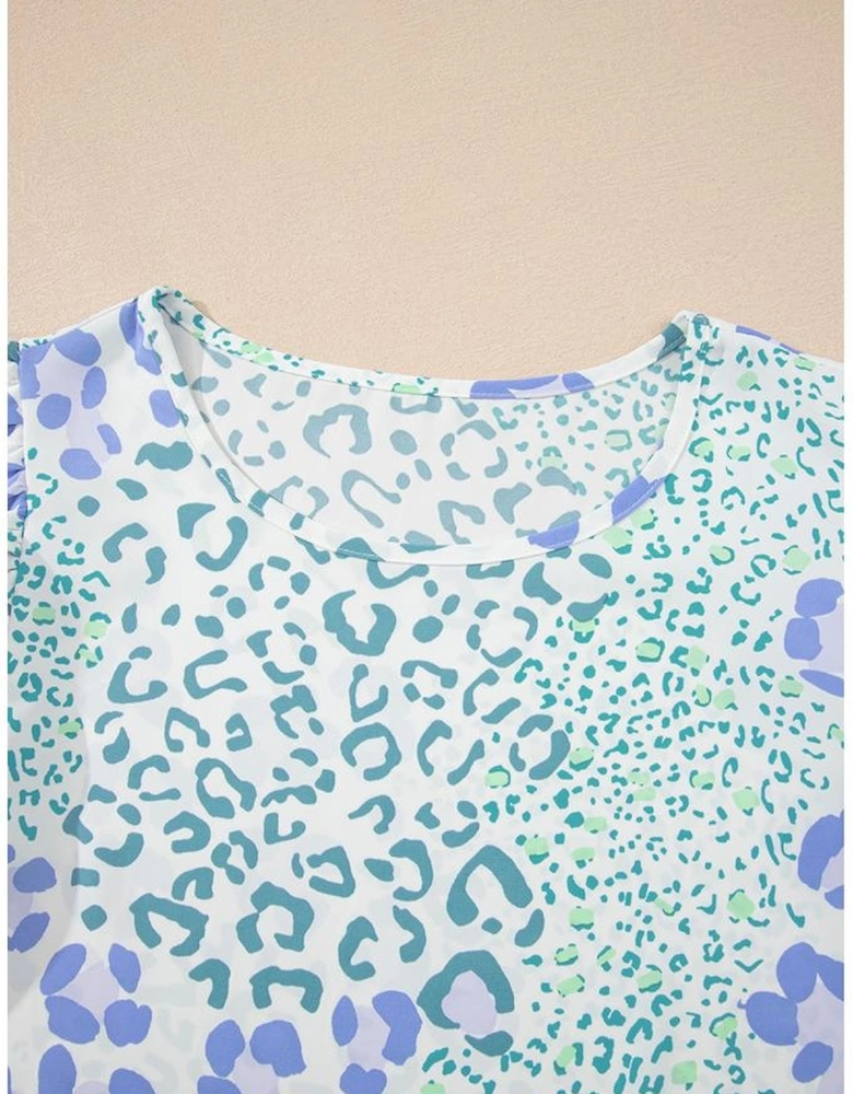 Sky Blue Leopard Layered Ruffle Short Sleeve Casual Blouse