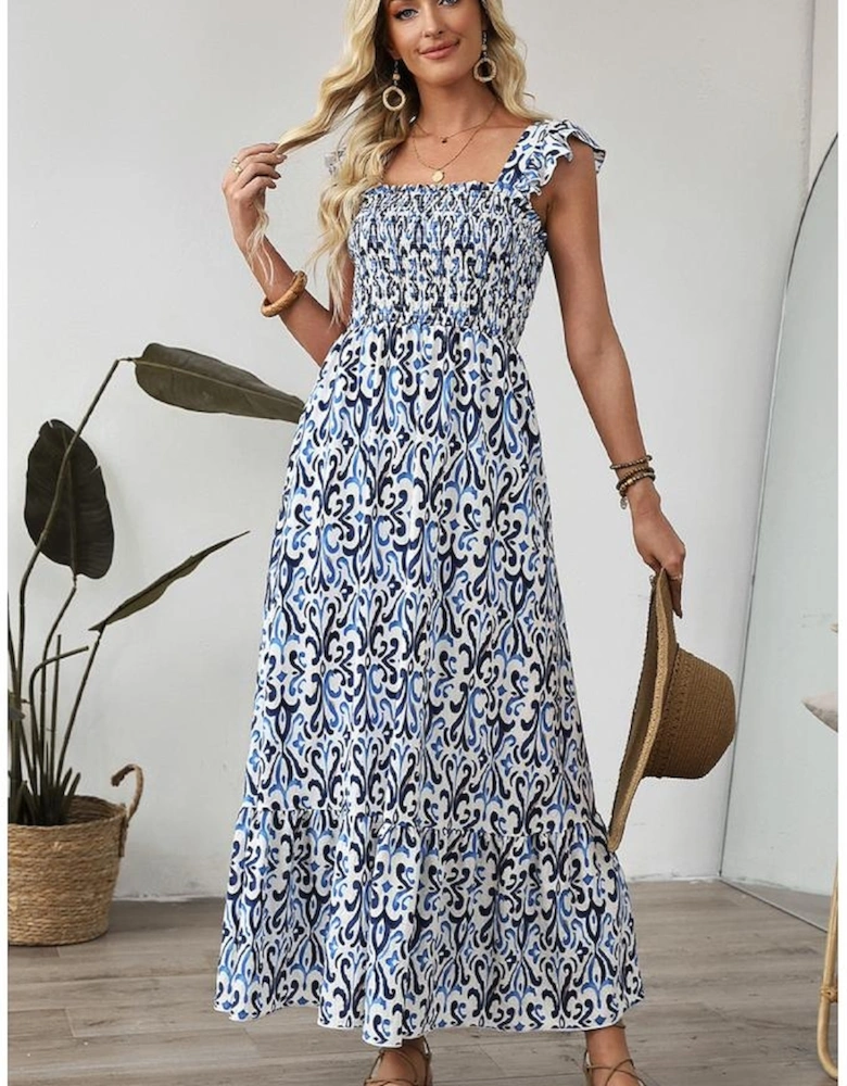 Sky Blue Boho Print Smocked High Waist Maxi Dress