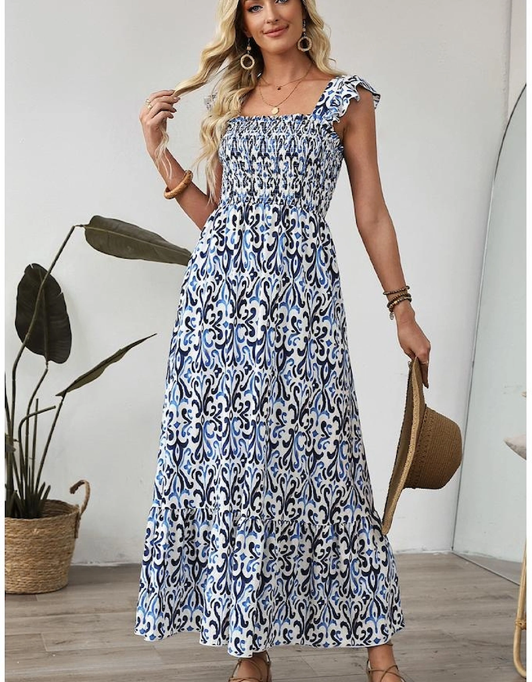 Sky Blue Boho Print Smocked High Waist Maxi Dress