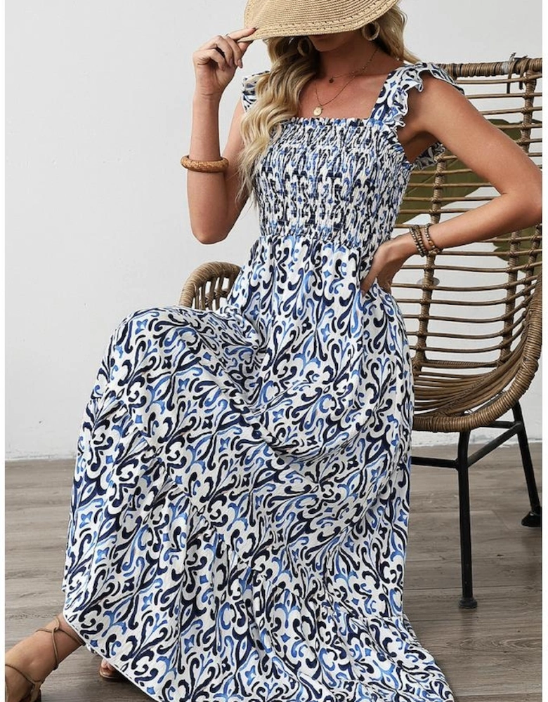 Sky Blue Boho Print Smocked High Waist Maxi Dress