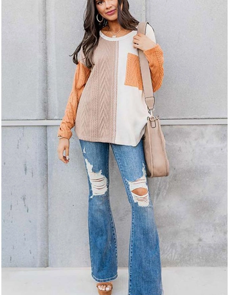 Orange Long Sleeve Colorblock Chest Pocket Textured Knit Top