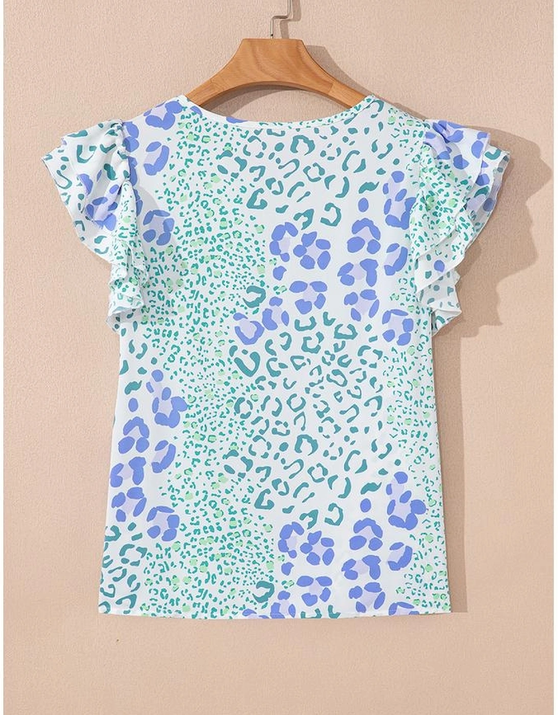 Sky Blue Leopard Layered Ruffle Short Sleeve Casual Blouse