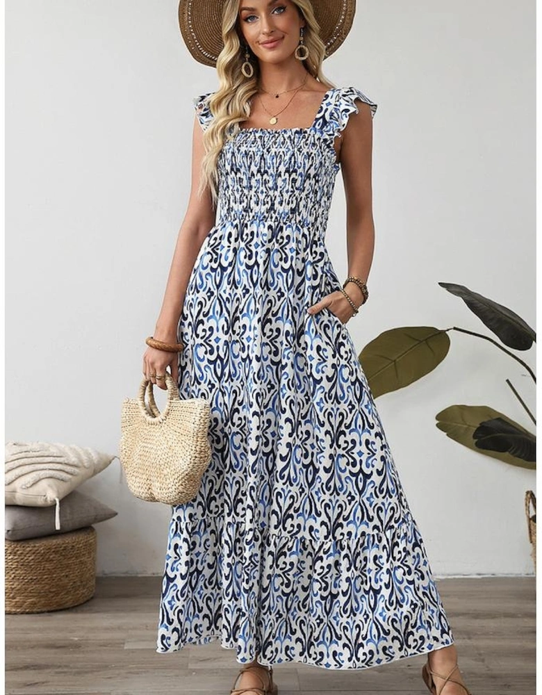 Sky Blue Boho Print Smocked High Waist Maxi Dress