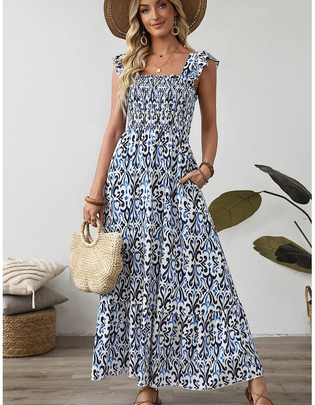 Sky Blue Boho Print Smocked High Waist Maxi Dress