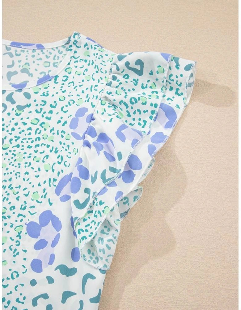 Sky Blue Leopard Layered Ruffle Short Sleeve Casual Blouse