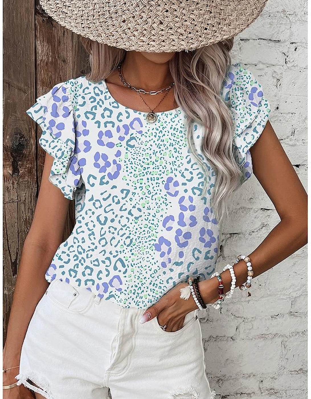 Sky Blue Leopard Layered Ruffle Short Sleeve Casual Blouse, 10 of 9