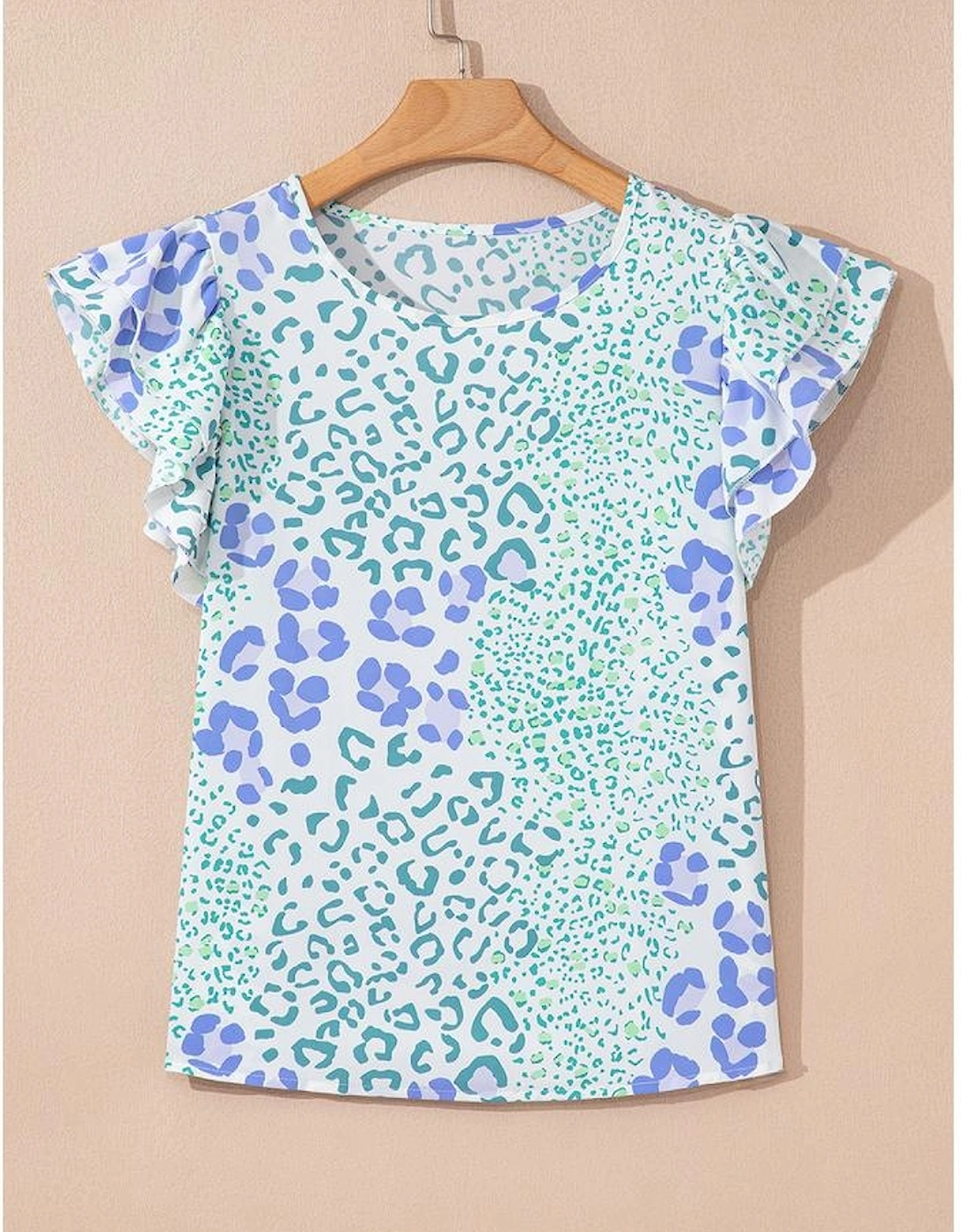 Sky Blue Leopard Layered Ruffle Short Sleeve Casual Blouse