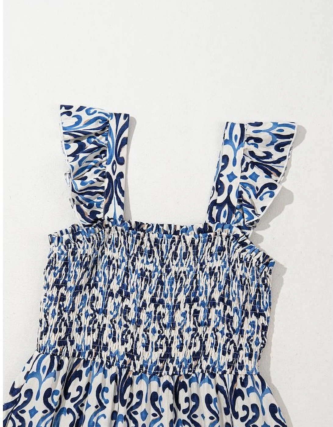 Sky Blue Boho Print Smocked High Waist Maxi Dress