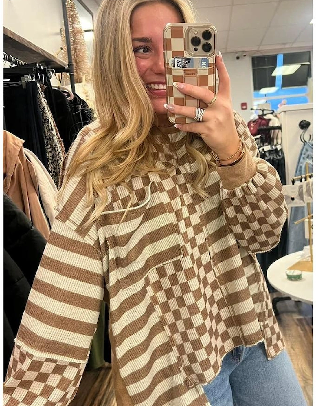 Khaki Striped Checkered Mixed Print Chest Pocket Casual Plus Size Top